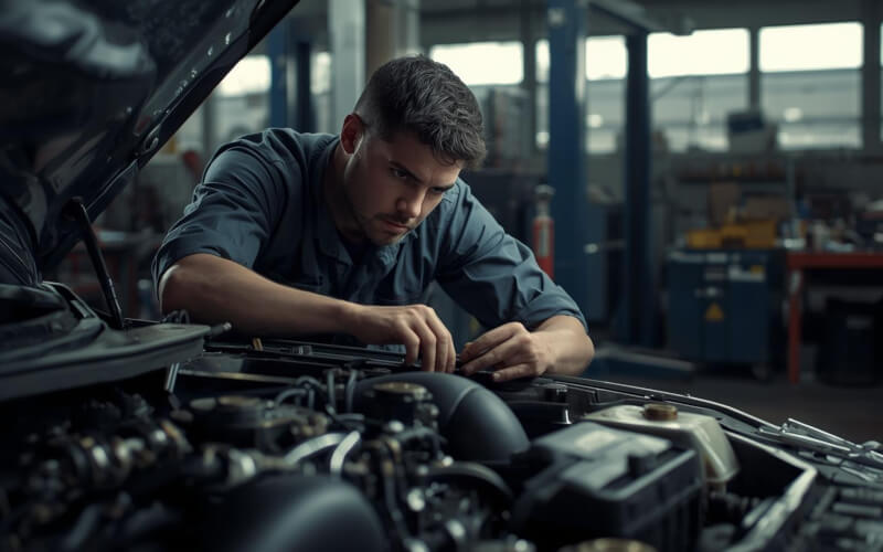 Check-up Media mechanic working on engine